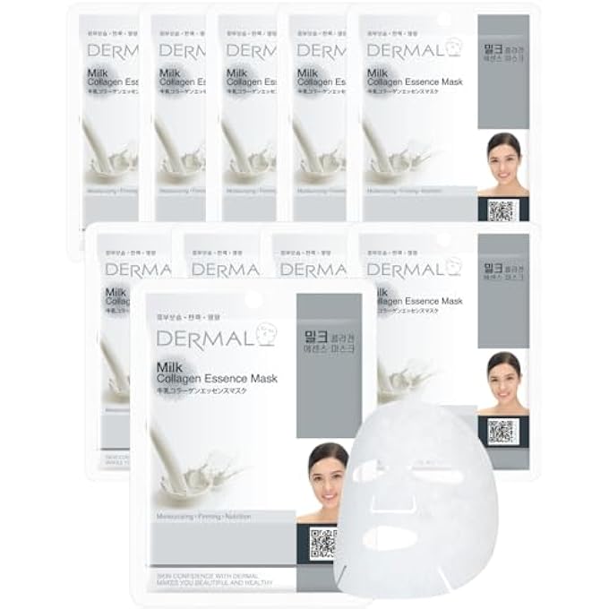 DERMAL MILK COLLAGEN ESSENCE FACIAL MASK SHEET 23G PACK OF 10 - SKIN SOFT & ELASTIC, NOURISHING AND MOISTURIZING, DAILY SKIN TREATMENT SOLUTION SHEET MASK - Image 1